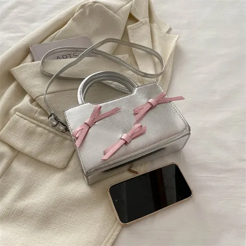 Women Sweet Bow Small Square Bag Metallic Glossy Synthetic Leather Handbag Adjustable Shoulder Strap Crossbody Bag Fashion Tote