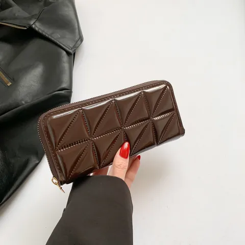 Damen Lange Geldbörse Glänzendes PU-Leder 3D Geometrische Gesteppte Clutch Große Kapazität Reißverschluss Portemonnaie Mode Handtasche