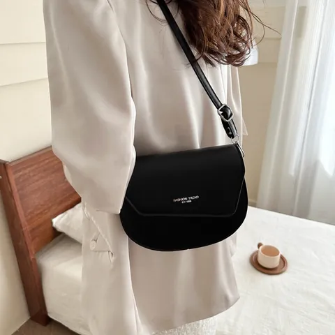 Women Fashion Simple Texture PU Leather Semi-Circle Saddle Bag Solid Color Flap Crossbody Bag Single Shoulder Bag Daily Use