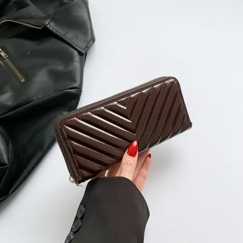 Damen Mode Chevron Steppung Lange Brieftasche PU Lackleder Clutch Tasche Mit Goldenem Reißverschluss Handy Geldbörse