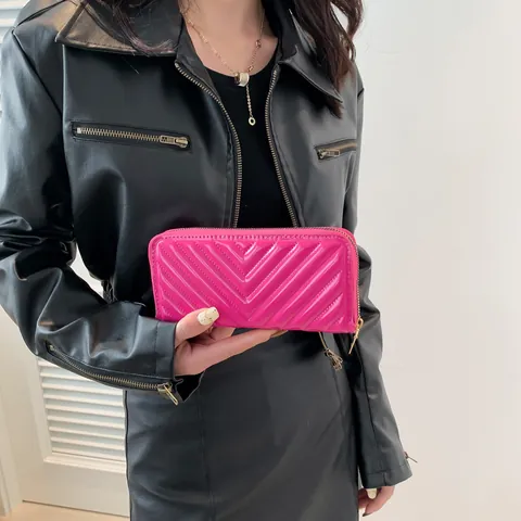 Damen Mode Chevron Steppung Lange Brieftasche PU Lackleder Clutch Tasche Mit Goldenem Reißverschluss Handy Geldbörse