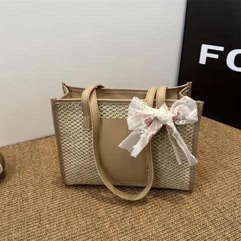 Mode Stroh Gewebt Tragetasche Für Damen Große Kapazität Strand Schultertasche Mit Spitze Blume Schleife PU Lederriemen
