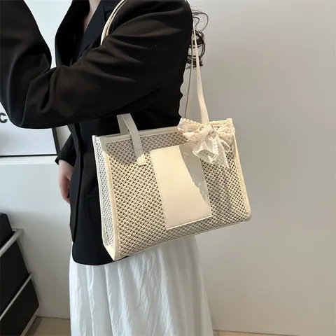Mode Stroh Gewebt Tragetasche Für Damen Große Kapazität Strand Schultertasche Mit Spitze Blume Schleife PU Lederriemen