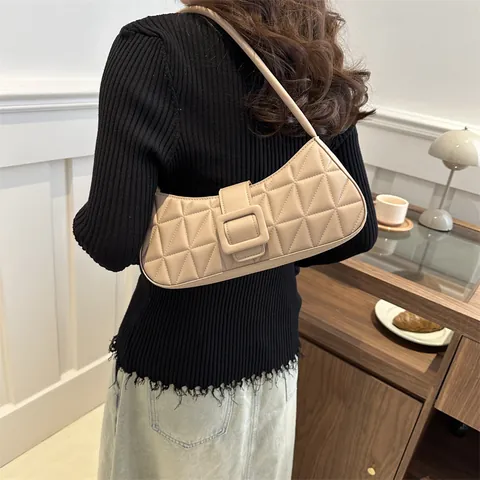 Borsa Sottobraccio in Pelle PU Trapuntata da Donna Fashion Street Style Fibbia Quadrata Piccola Borsa Quadrata Tinta Unita Borsa a Spalla