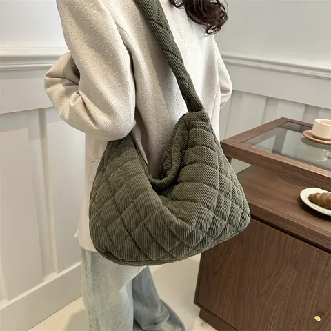 Damen Casual Cord Rautenmuster Gesteppt Große Kapazität Umhängetasche Retro Hobo Tote Tasche Täglich Pendeln Mode Handtasche