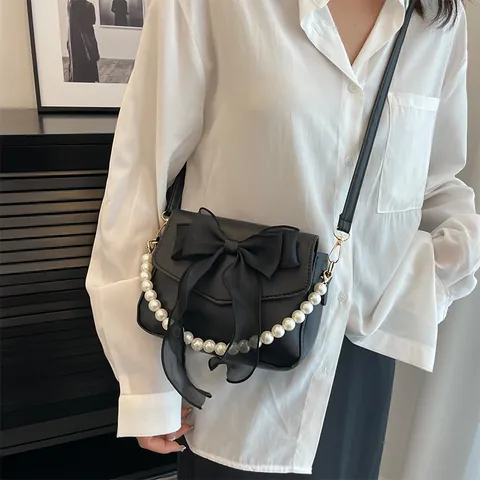 Women's French Artificial Pearl Bow Crossbody Bag Fashion PU Leather Small Square Bag With Organza Bow Elegant Shoulder Handbag