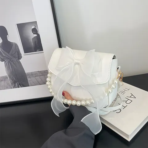 Women's French Artificial Pearl Bow Crossbody Bag Fashion PU Leather Small Square Bag With Organza Bow Elegant Shoulder Handbag