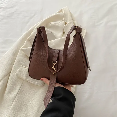 Borsa Sottobraccio da Donna in Pelle PU a Trama Litchi Vintage Stile Francese Hobo Borsa a Tracolla Con Fibbia a Gancio in Metallo Oro