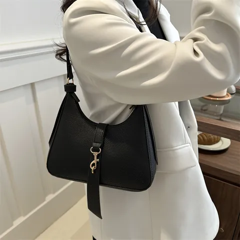 Borsa Sottobraccio da Donna in Pelle PU a Trama Litchi Vintage Stile Francese Hobo Borsa a Tracolla Con Fibbia a Gancio in Metallo Oro
