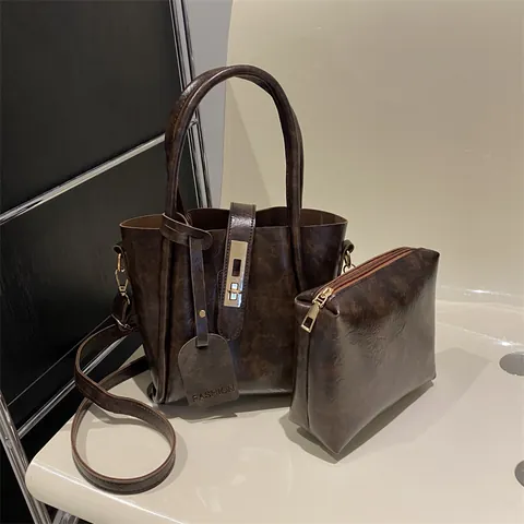 Vintage PU-leren Emmer Tas Set Voor Vrouwen Retro Franse Stijl Schoudertas Crossbody Tas Met Kleine Pouch Metalen Slot Handtas Dagelijks