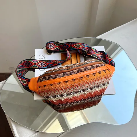 Damen Ethno Gewebte Brusttasche Bohemian Geometrisches Muster Gürteltasche Mit Verstellbarem Breitem Gurt Baumwolle Leinen