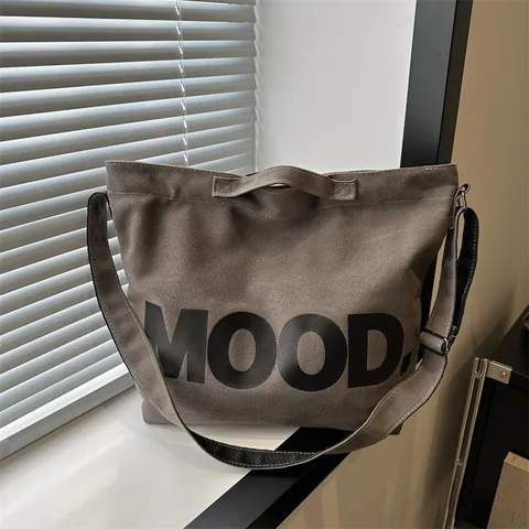 Women's Large Capacity Canvas Tote Bag MOOD Letter Print Shoulder Crossbody Bag With Zipper Adjustable Strap Daily Handbag
