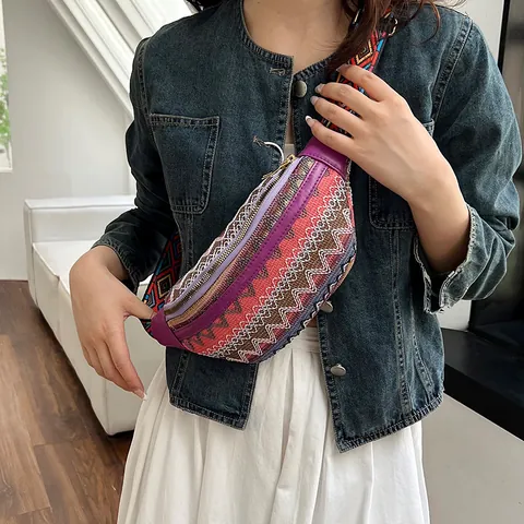 Damen Ethno Gewebte Brusttasche Bohemian Geometrisches Muster Gürteltasche Mit Verstellbarem Breitem Gurt Baumwolle Leinen