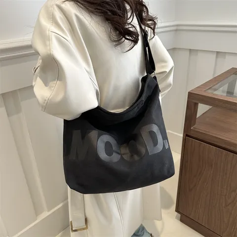 Women's Large Capacity Canvas Tote Bag MOOD Letter Print Shoulder Crossbody Bag With Zipper Adjustable Strap Daily Handbag