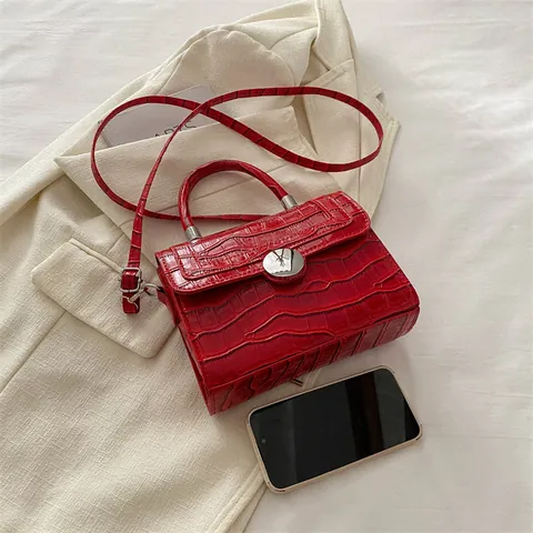 Bolso de Mano Vintage de Cuero PU con Patrón de Cocodrilo para Mujer Elegante Bolso Cruzado Cuadrado Pequeño con Hebilla Redonda Plateada