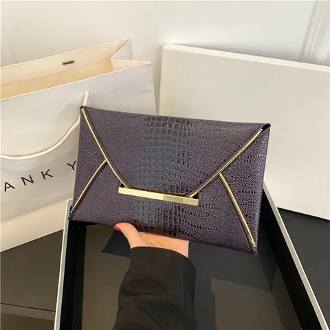 Women's Fashion Crocodile Pattern PU Leather Envelope Clutch Bag Gold Metal Edge Banquet Evening Party Handbag For Ladies