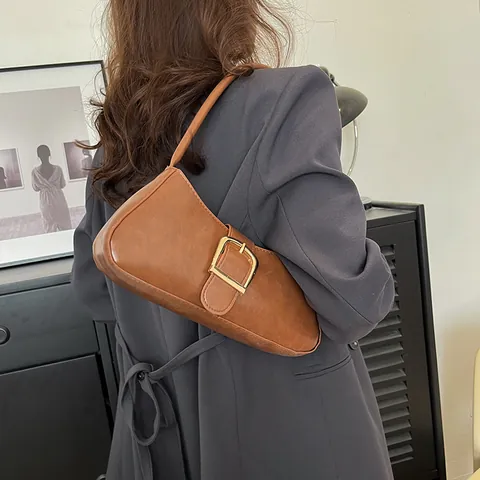 Bolso de Axila de Cuero PU Vintage para Mujer Hebilla Dorada Grande Bolso Baguette de Moda Color Sólido Bolso de Hombro