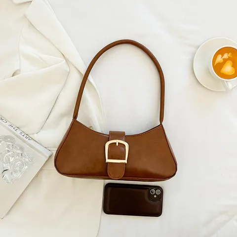 Bolso de Axila de Cuero PU Vintage para Mujer Hebilla Dorada Grande Bolso Baguette de Moda Color Sólido Bolso de Hombro