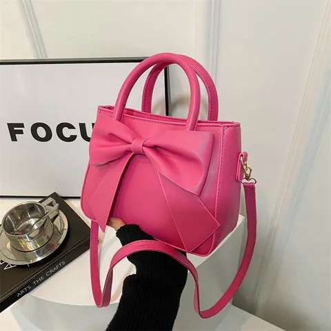 Women Fashion Bowknot Handbag Synthetic Leather Small Square Shoulder Bag Solid Color Sweet Crossbody Bag Korean Daily Bag