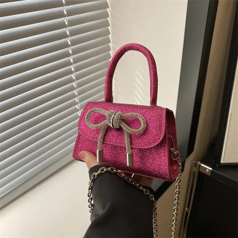 Petit Sac à Main Pailleté pour Femmes Avec Nœud en Strass Sac Bandoulière à Chaîne pour Mariage et Soirée