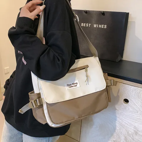 Kontrastfarbe Segeltuch Kuriertasche Große Kapazität Student Umhängetasche Preppy-Stil Casual Reise Schultertasche
