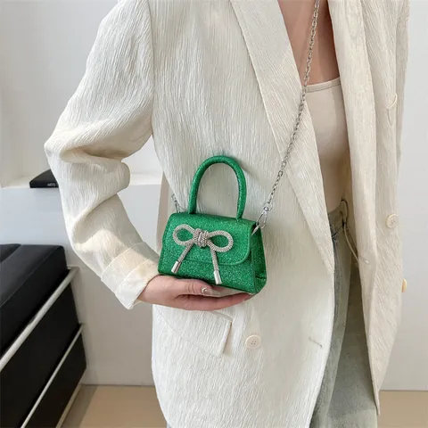 Petit Sac à Main Pailleté pour Femmes Avec Nœud en Strass Sac Bandoulière à Chaîne pour Mariage et Soirée