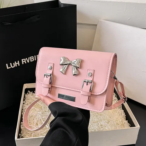 Mode Süße Schleife Kontrastfarbe Kleine Quadratische Tasche Für Damen PU Leder Preppy Stil Umhängetasche Pendler Schultertasche