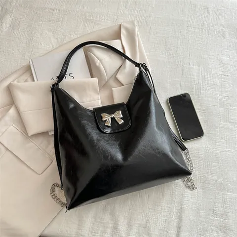 Damen Mode Schleife Tote Bag Große Kapazität PU Leder Schultertasche Mit Metallkette Casual Reise Umhängetasche