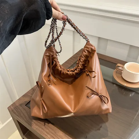 Dames PU-Leder Emmertas Schoudertas Grote Capaciteit Vintage Trekkoord Strik Tote Met Metalen Ketting Casual Tas