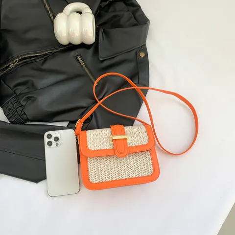 Contrast Color Straw Woven Square Crossbody Bag For Women PU Patchwork Small Shoulder Bag With Metal Lock Summer Fashion Purse