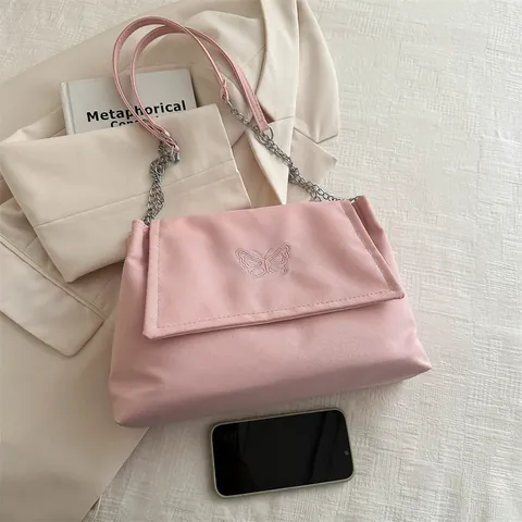 Borsa Sottobraccio in Tela Ricamata con Farfalle per Donna Borsa a Tracolla a Patta con Catena alla Moda Minimalista