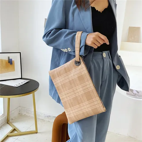 Bolso de Mano de Sobre de Cuadros de Gran Capacidad para Mujer Cuero PU Retro Bolso de Muñeca Funda de Tableta Diario Viaje Bolso Cuadrado
