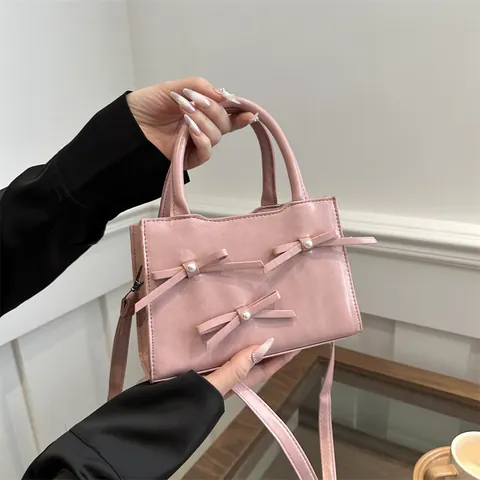 Women Bowknot Pearl Decor PU Leather Crossbody Bag Small Square Handbag Sweet Elegant Hand Tote Bag With Adjustable Strap