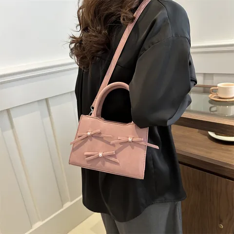 Women Bowknot Pearl Decor PU Leather Crossbody Bag Small Square Handbag Sweet Elegant Hand Tote Bag With Adjustable Strap