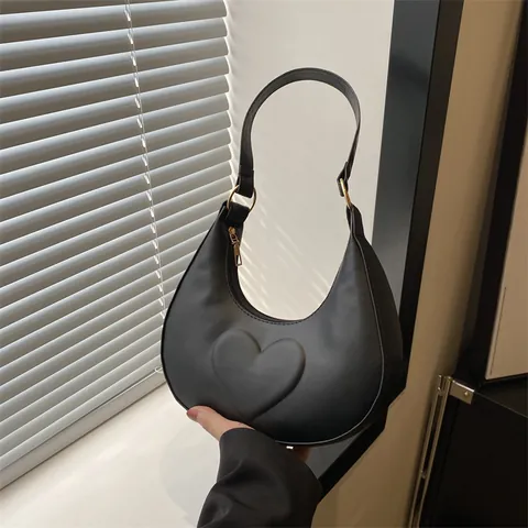 Women Fashion PU Leather Underarm Bag 3D Heart Embossed Half Moon Hobo Shoulder Bag Gold Hardware Casual Daily Handbag