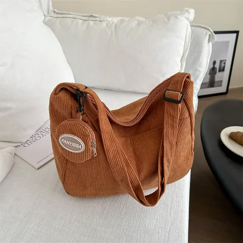 Women Corduroy Crossbody Bag Large Capacity Hobo Shoulder Bag With Mini Coin Purse Korean Casual Commute Tote Handbag