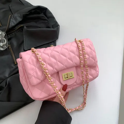 Damen Rauten Gesteppt Kette Umhängetasche PU Leder Kleine Quadratische Klappentasche Mit Goldenem Drehverschluss
