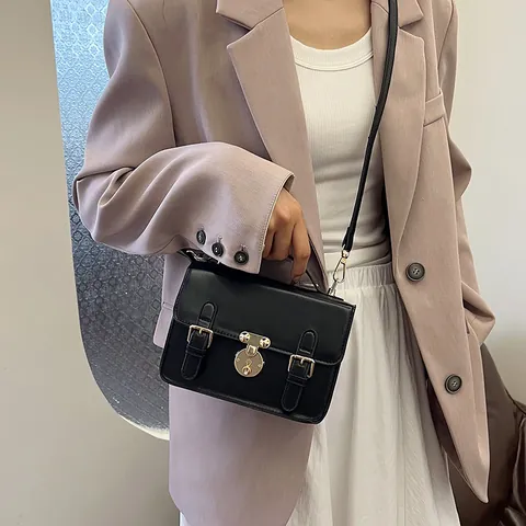 Women French Style Vintage PU Leather Messenger Bag With Gold Lock Buckle Shoulder Crossbody Satchel Handheld Daily Handbag