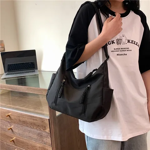 Borsa Tote Hobo in Nylon da Donna a Grande Capacità Casual Stile Giapponese Borsa a Tracolla Con Cuciture Multitasche