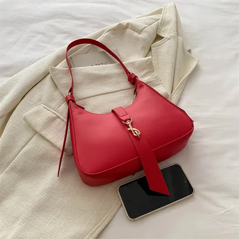 Bolso de Axila de Cuero PU Minimalista para Mujer Bolso de Hombro Hobo Color Sólido Con Hebilla de Metal Retro