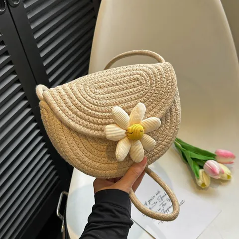 Women Daisy Flower Cotton Woven Shoulder Bag Bohemian Crossbody Beach Bag Handcrafted Summer Knitted Messenger Bag For Ladies