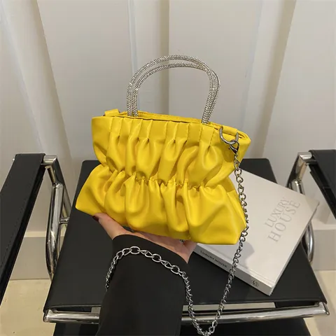 Bolso de Mano de Nube Plisado para Mujer Cuero PU Asa de Diamantes de Imitación Mini Bolso de Hombro Elegante Color Sólido Fiesta