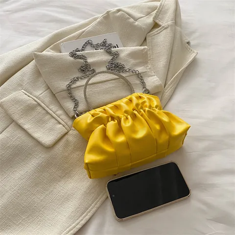 Bolso de Mano de Nube Plisado para Mujer Cuero PU Asa de Diamantes de Imitación Mini Bolso de Hombro Elegante Color Sólido Fiesta