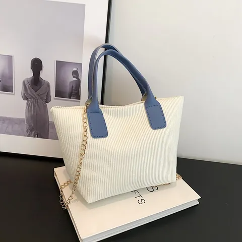 Damen Kord Tragetasche Vintage Casual Umhängetasche Große Kapazität Pendler Handtasche Mit Kettengurt
