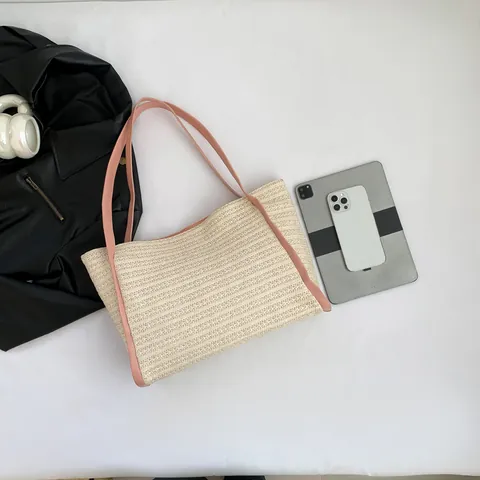 Damen Stroh Gewebte Einkaufstasche Große Kapazität Kontrast PU Leder Schultertasche Sommer Strand Urlaub Casual Handtasche