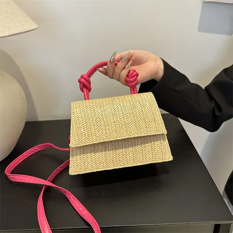 Bolso de Mano Cuadrado de Paja Trenzada para Mujer Casual Vacaciones de Verano Bloque de Color Bandolera con Asa de Nudo