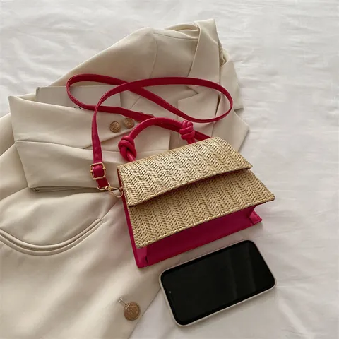 Bolso de Mano Cuadrado de Paja Trenzada para Mujer Casual Vacaciones de Verano Bloque de Color Bandolera con Asa de Nudo