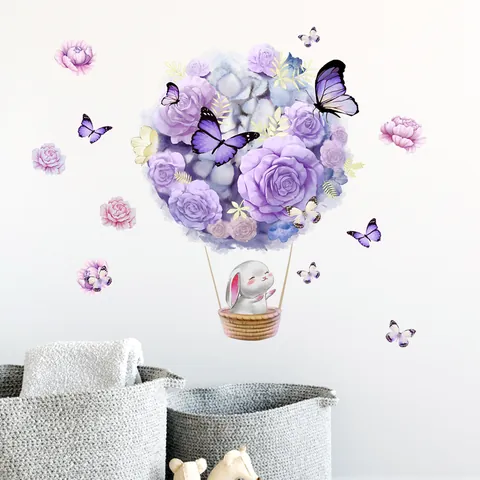 Aquarello Viola Rosa Fiore Mongolfiera Coniglio Adesivo Murale PVC Autoadesivo Murale Per Bambini Arredamento Camera
