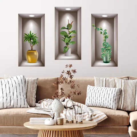 3D Visueel Groene Planten in Pot Muurstickers PVC Waterdicht Nep Venster Nis Muurstickers Voor Woonkamer Slaapkamer Decoratie