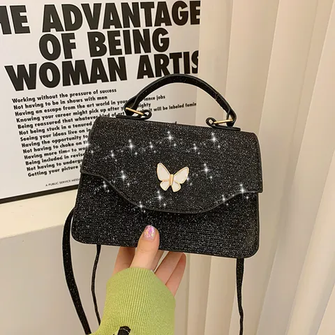 Petit Sac Carré à Paillettes avec Décoration Papillon pour Femmes Sac à Main Mode avec Bandoulière Amovible Élégant